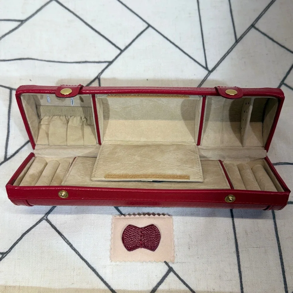 Rowallan Jewelry Roll OS Red Bonded Leather Travel Case Organizer Mirror READ